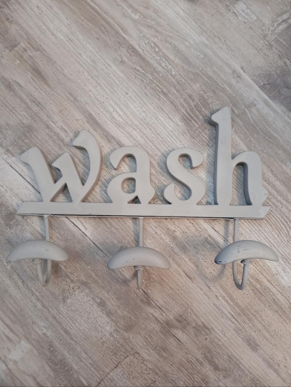 "WASH" Farmhouse Wood & Metal Wall Hook Rack - Laundry/Bathroom Decor